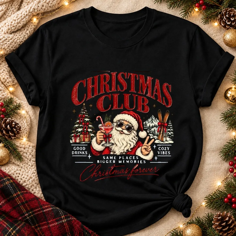 Retro Christmas Club Good Drinks TShirt Women Cozy Vibes Santa Print Tee Short Sleeve Cotton Casual Holiday Tops Cheers Clothing