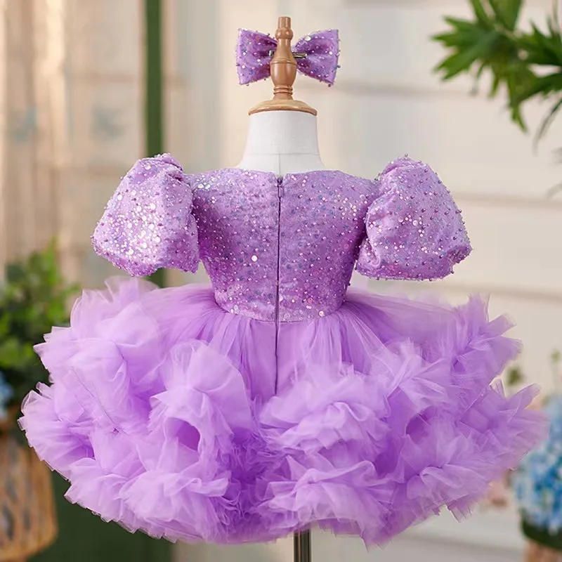 Purple Sequin Puffy Veil Dress European and American Girls Dress 2025 New Western Style Super Fairy Princess Dress Puffy Ruffed