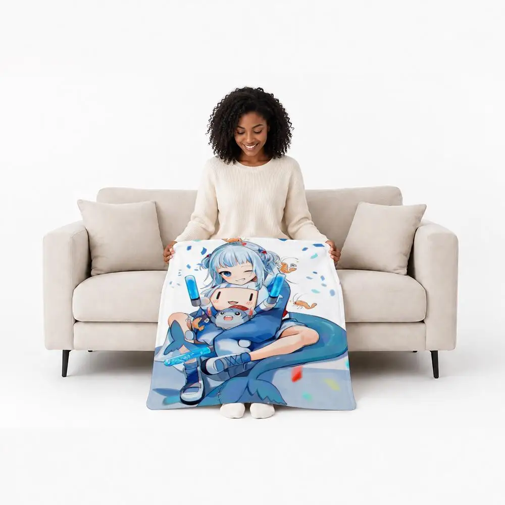 Kawaii Character hololive Gawr Gura Throw Custom Printed Flannel Fleece Blanket for Sofa Bed Office Travel & Camping