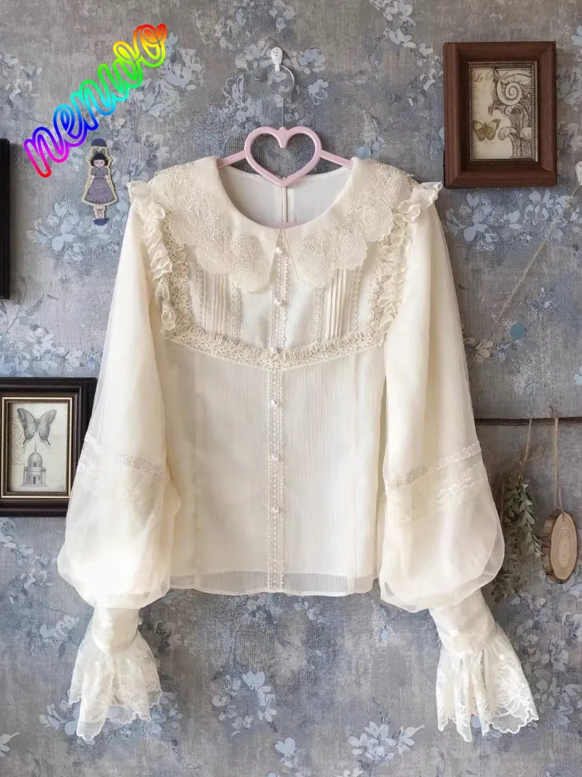 

Vintage Lolita Shirt Japanese Women Elegant Sweet Lace Ruffle Embroidery Long Sleeve Blouse Y2k Aesthetic Clothes Tops