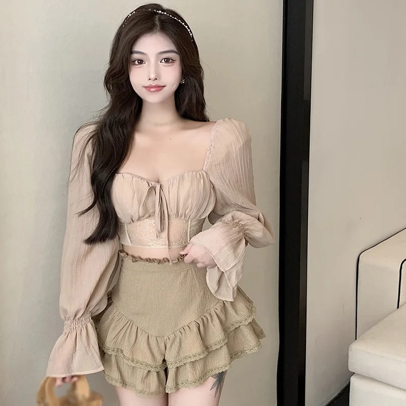 Summer Flare Sleeve Women Tops Ruffle Solid Elastic Waist Chiffon Slim Ladies Harajuku Sexy Short Blouse