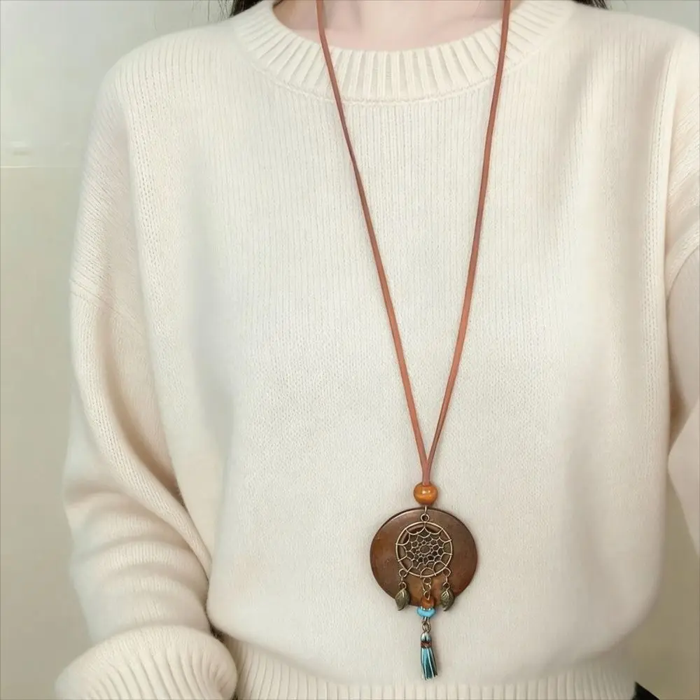 Gifts Wooden Sweater Chain Retro Round Clothing Pendant