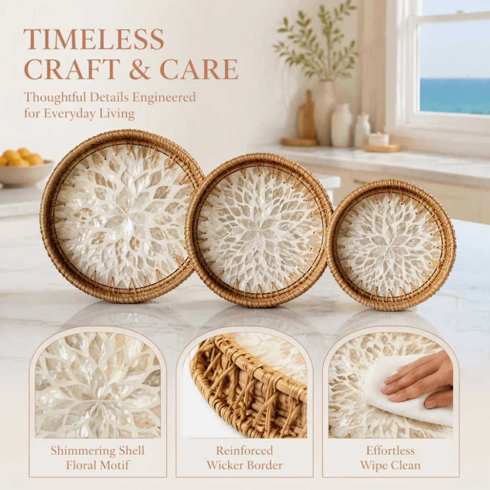 Storage Tray Handmade Rattan Tray Round Boho Decorative Tray Easy-Clean Space-Saving Woven Tray Living Room