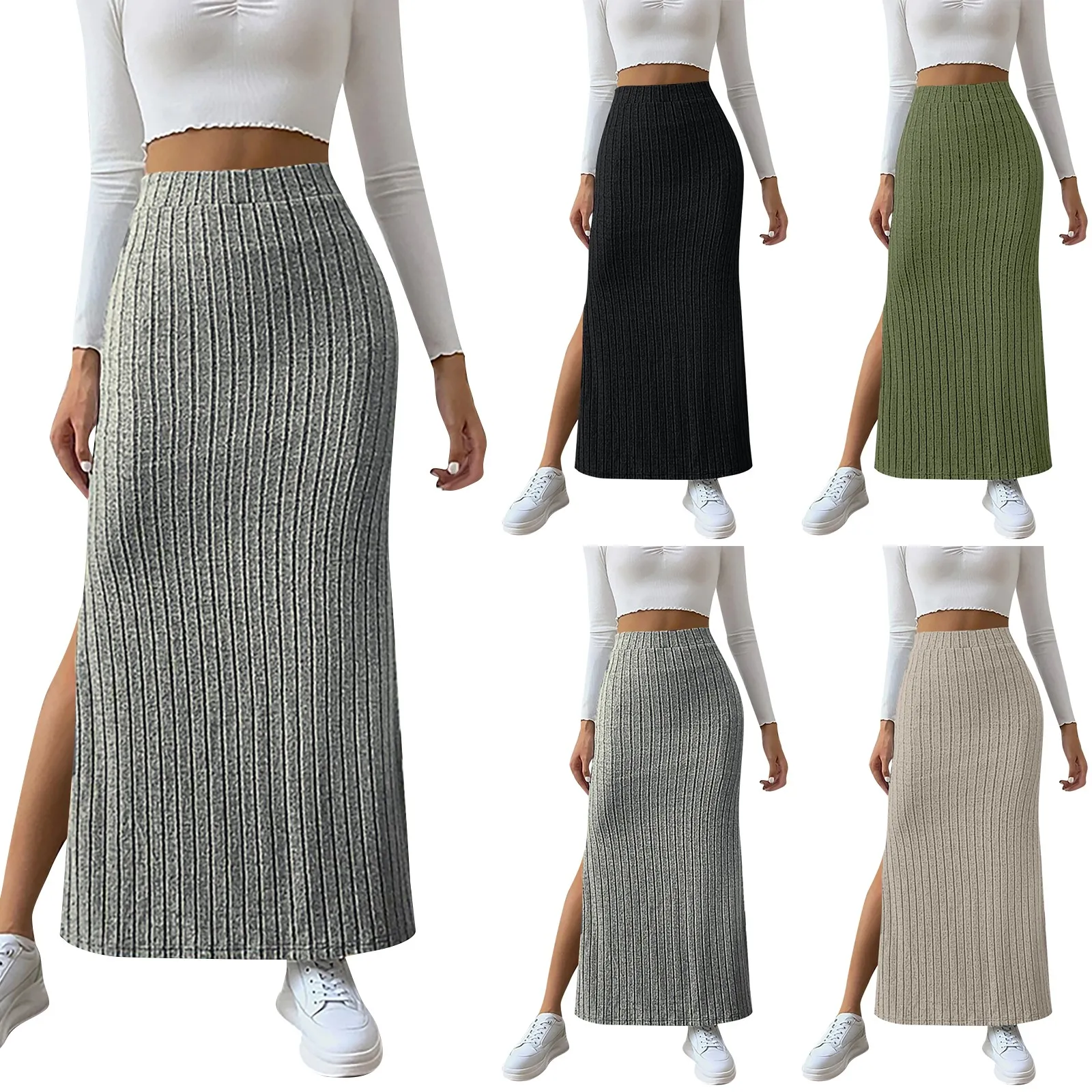 Summer Ladies\' New Fashion Solid Color Plaid Patchwork Side Slit Slim Fit Knit Skirt Sexy High Street Daily Date High Dress