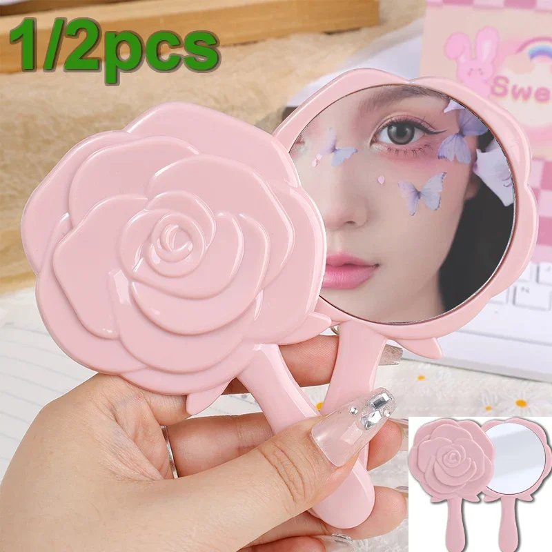 1/2 Pcs Rose Handheld Mirror Vanity Mirror with Handle Hand Mirror SPA Salon Compact Mirrors Easy To Carry Small Makeup Mirrors