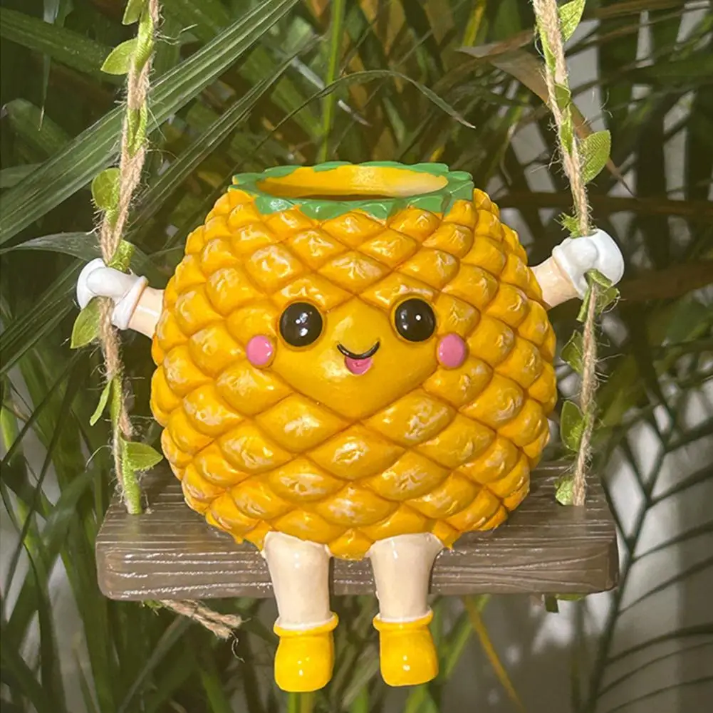 Outdoor Resin Planter Balcony Hanging Flower Pot Smiling Pineapple Planter Hanging Pot Cute Pineapple Swing for Succulents