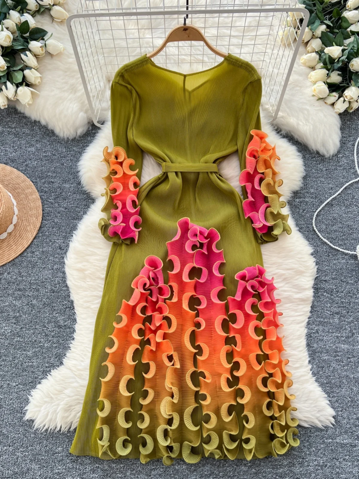 Diseño pado retro Borde de ano de ma Color deadado Cintura con cinturón Vestido de sensación de alta calidad Estil...