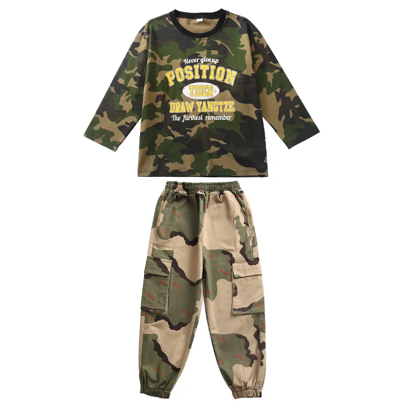 Hip Hop Girls Crop Top Jazz Joggers Boys Camouflage Sweatshirt Cargo Pants Children Streetwear Kids Street Dance Clothes Sets