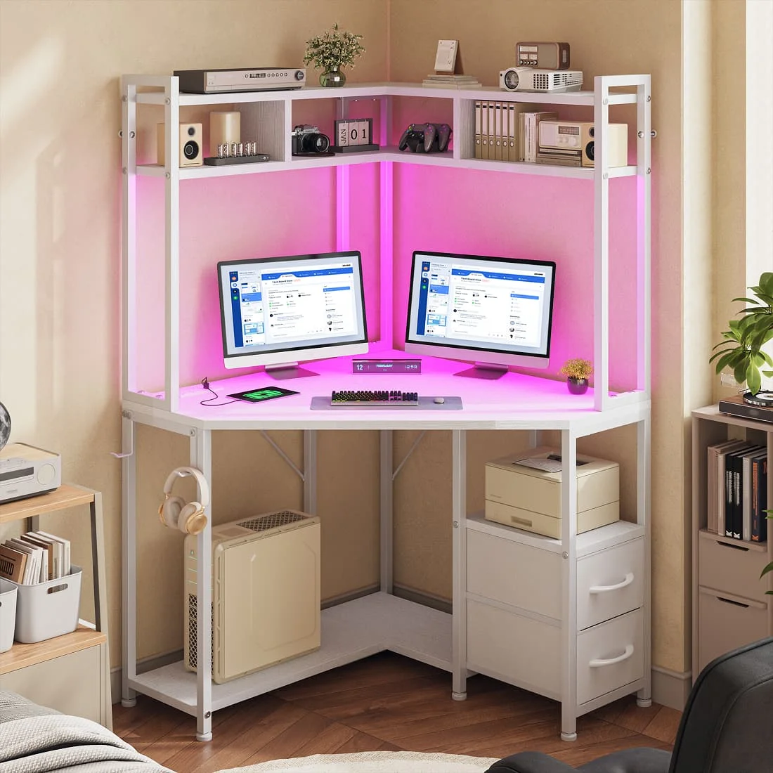 Corner Computer Desk with Power Outlets & LED Lights Gaming Desk with Storage Drawers & Shelves and Hook for Small Space