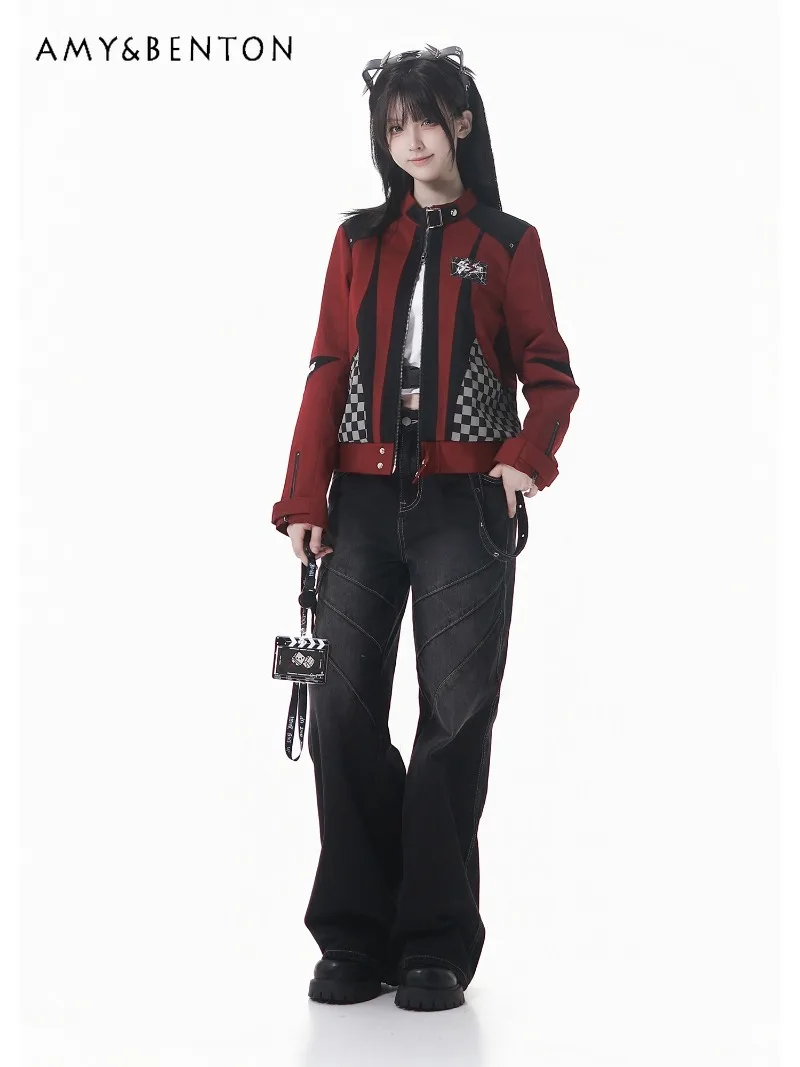 Sweet Cool Motorcycle Style Hot Girl Red and Black Patchwork Top Jeans Sets Gothic Y2K High Waist Straight Pants Short Jackets