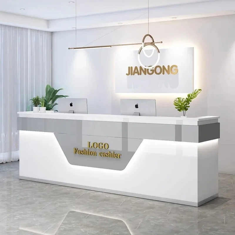 

White Cream Reception Desk Counter Decorations Luxury Beauty Reception Desks Salon Mostrador De Tienda Space Saving Furniture