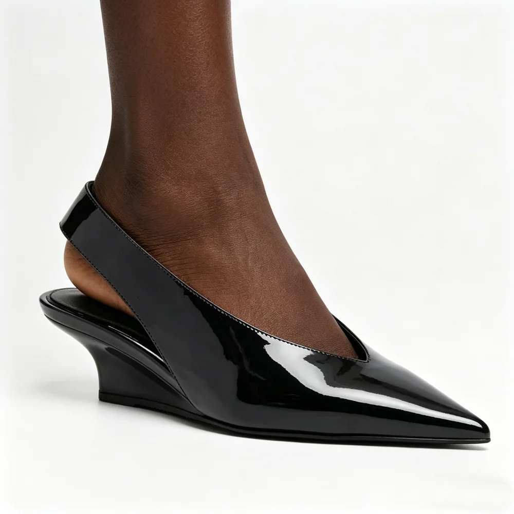 

Women Black Patent Leather Pointed Toe Slingback Wedge Mules Sandals Slip-On Casual Work Office Party Dress Pumps Sandals