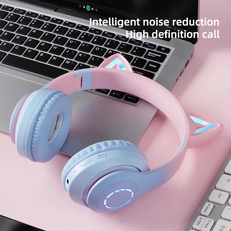 

LED Flashlight Headphones Cute Cat Ear Cup Wireless With Mic Stereo Music TWS Bluetooth 5.0 Headset Girls Kids Gifts