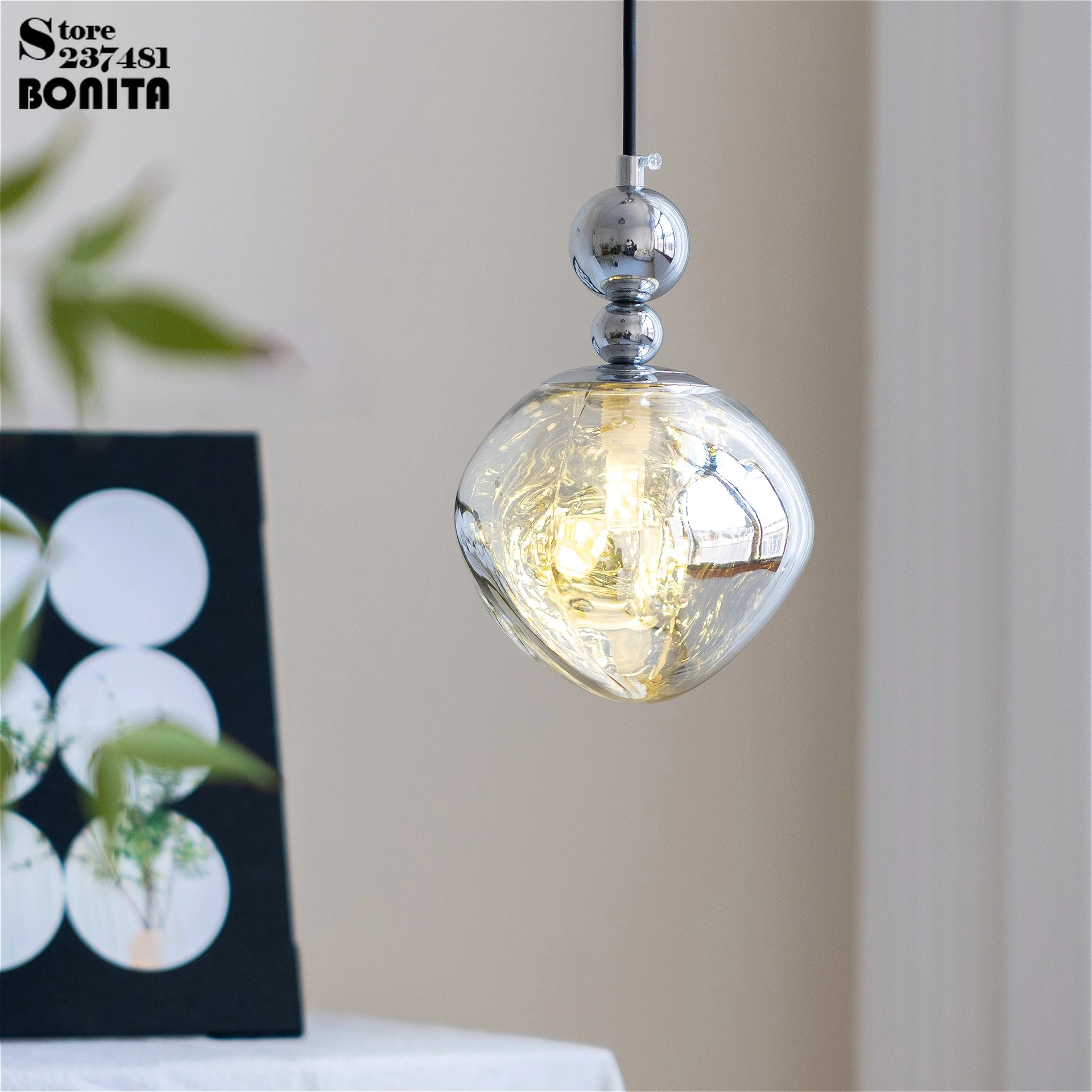French Retro Glass Ball Pendant Light, Minimalist Chrome Bubble Chandelier for Dining Room Bedroom Decoration with Mirror Finish