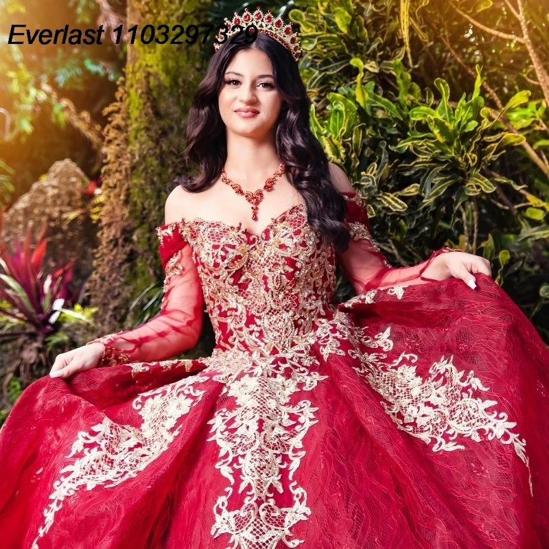 EVLAST vestido De quinceañera rojo, vestido De baile, apliques De encaje dorado con cuentas, corsé De manga larga, dulce 16, 15 años, TQD658