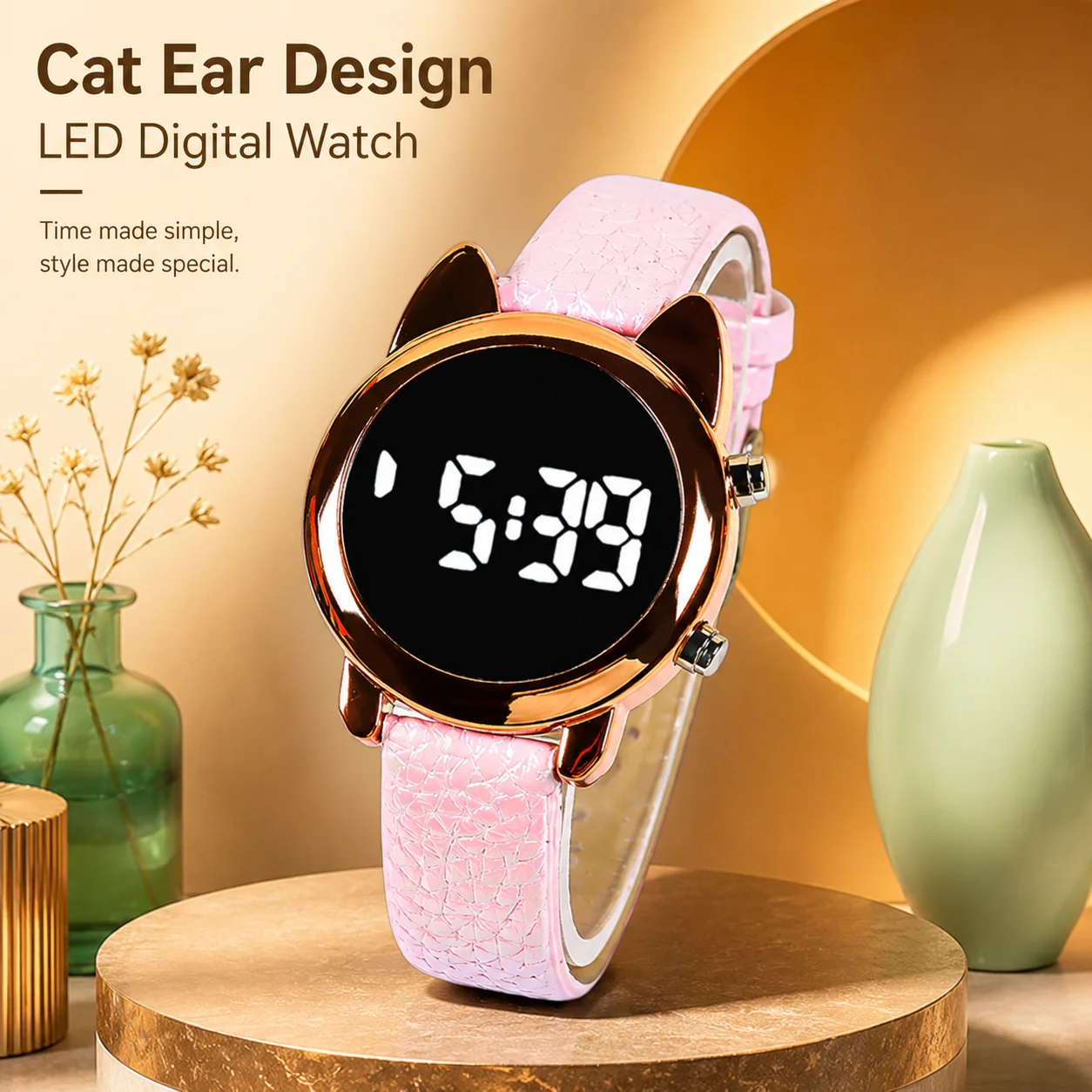 Women's LED digital watch with cat ear design, rose gold case, black mirror dial and glossy embossed strap