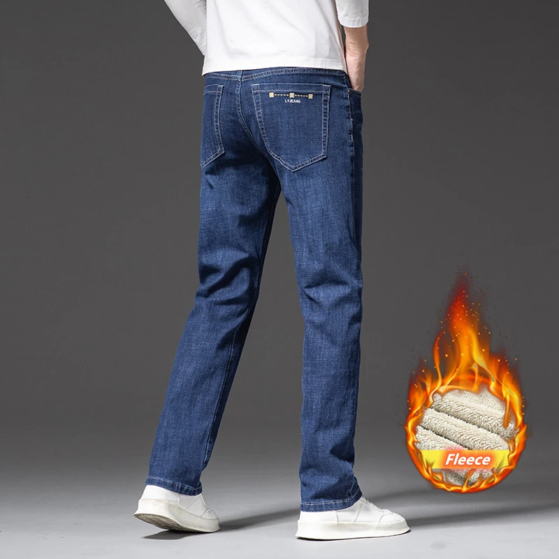 40 42 44 46 Plus Size Winter Fleece Jeans Classic Business Casual Straight Loose Men\'s Thick Warm Denim Pants Office Trousers