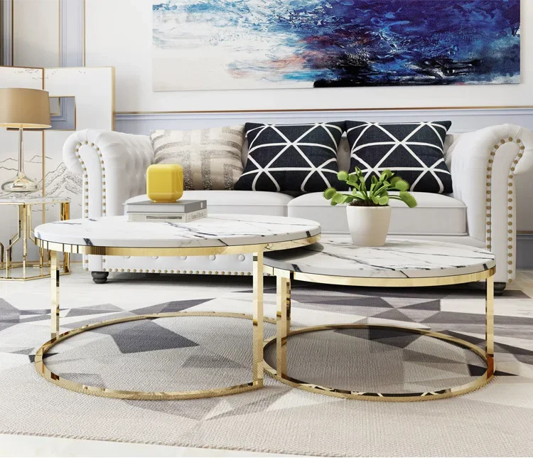 Marble table Modern Simple Apartment Round Side Bedside Table Home Living Room  Iron Small Coffee Table Combination