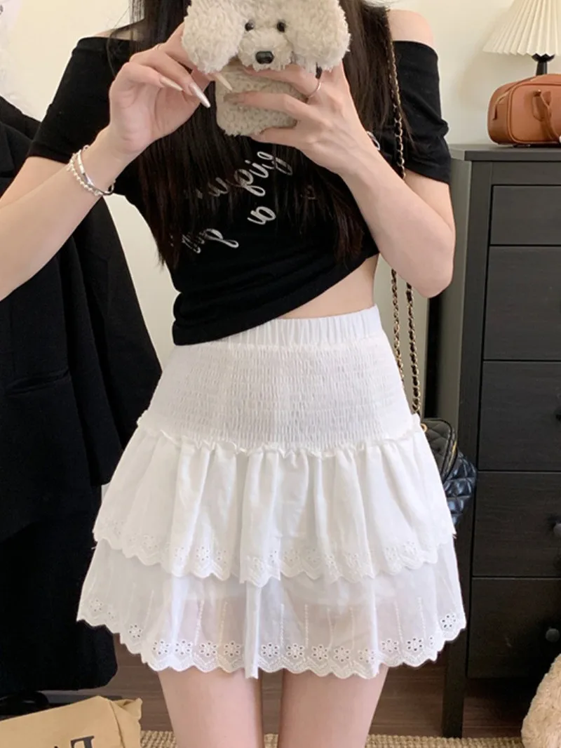 

plus Size Lace Embroidery Ruffle High Waist Versatile Design Summer New Style Cake Short Skirt for Pear Shaped Women