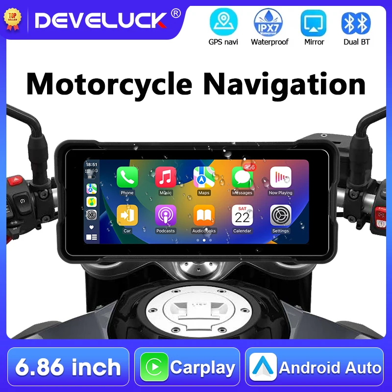 

6.86" Motorcycle Touch Screen GPS Navigation Wireless Carplay Android Auto Dual BT Support DVR+TPMS IPX7 Waterproof Display