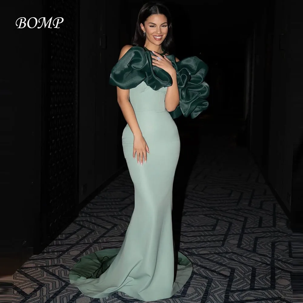 BOMP Elegantes Abendkleid aus grünem Satin, Meerjungfrau, dunkelgrün, Organza, Perlenstickerei, für formelle Anlässe, Abendkleid, individuelle Partykleider