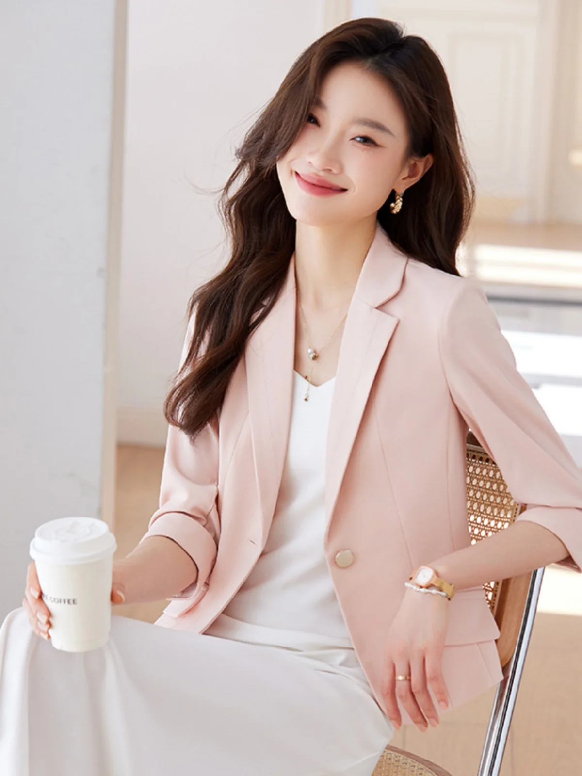 Pink Short Seven-Quarter Sleeve Suit Jacket Women's Thin Casual Style Polyester Fiber Anti-Wrinkle Commute Fashion
