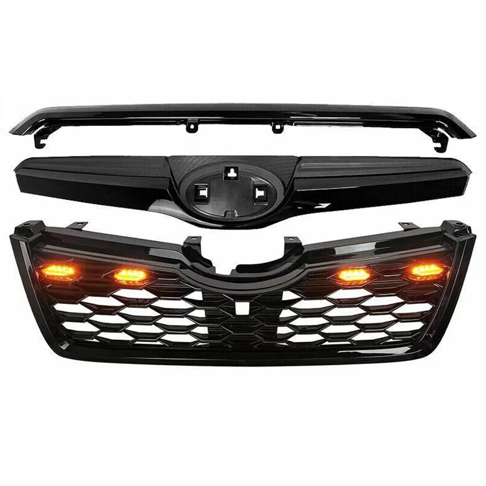 For Subaru Forester 2013-2018 Upper Bumper Grille Racing Grills Gloss Black ABS Sti Style Front Grill Mesh Kit W. LED Lights