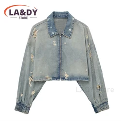 Denim Jacket Coat Women 2024 Spring Autumn Fashion Vintage Hole Loose Short Female Casual Long Sleeve Zipper Tops Outerwear