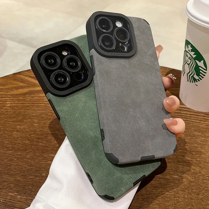 

Fashion Matte Leather Silicone Case For iPhone 16 12 13 11 14 15 Pro Max Plus 12 mini 7 8 XR XS Lens Protection Shockproof Cover