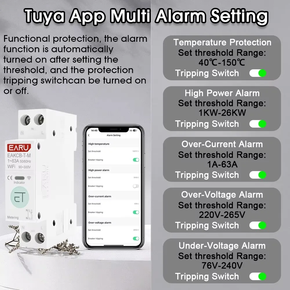 Tuya eWeLink WiFi Smart Circuit Breaker MCB 1P+N 63A Time Relay Switch Energy Meter kWh Voltage Current Protector Remote Control