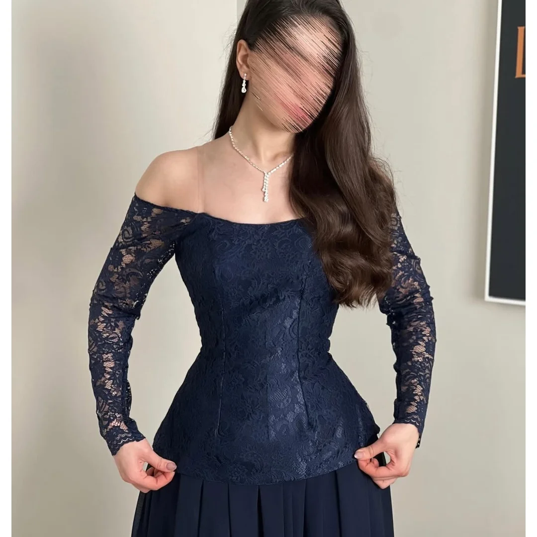 Customized Woman Party Dresses for Special Occasions Blue Long Sleeves Bespoke Occasion Dresses Line A Embroidered Lace Evening
