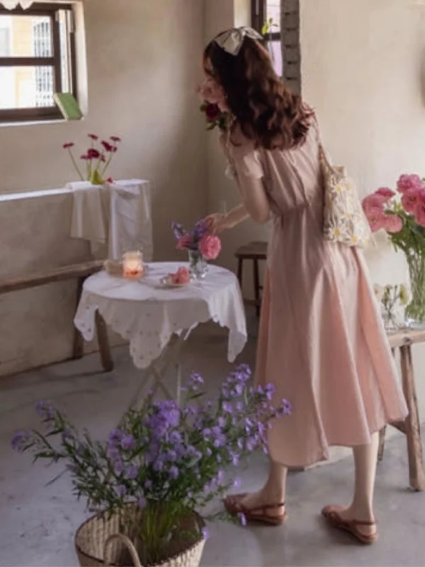 Vestido Retro Dulce con Cintura Ajustada, Diseño de Moda Femenina, Estilo Coreano con Nudo, Aósfera ra y Madura, Vestid...