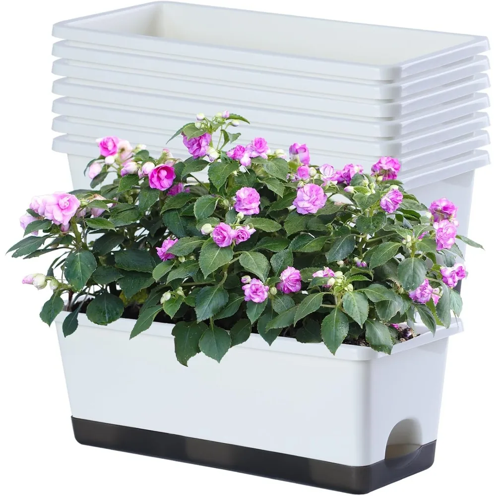 

8-Piece Self-Watering Window Box Planters with Drainage, Trays for Indoor Outdoor Garden (White)