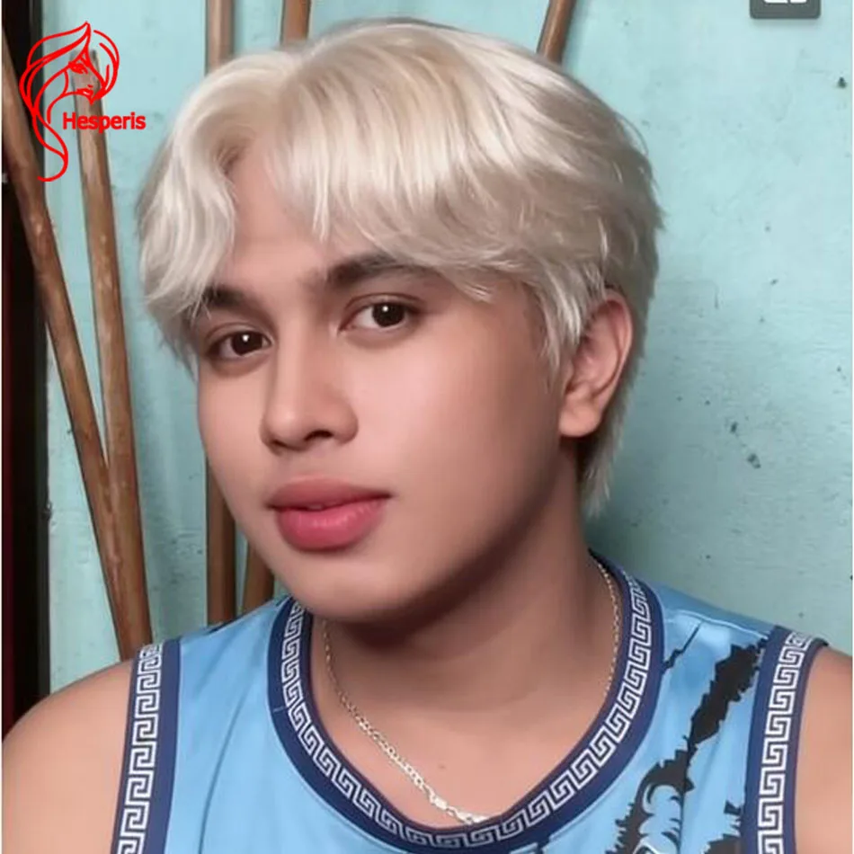 Hesperis Brazilian Remy Full Lace Wig for Men #60 Blonde Pre-Styled Short Pixie Cut Wavy Human Hair Wig for Male Hair Replacemen