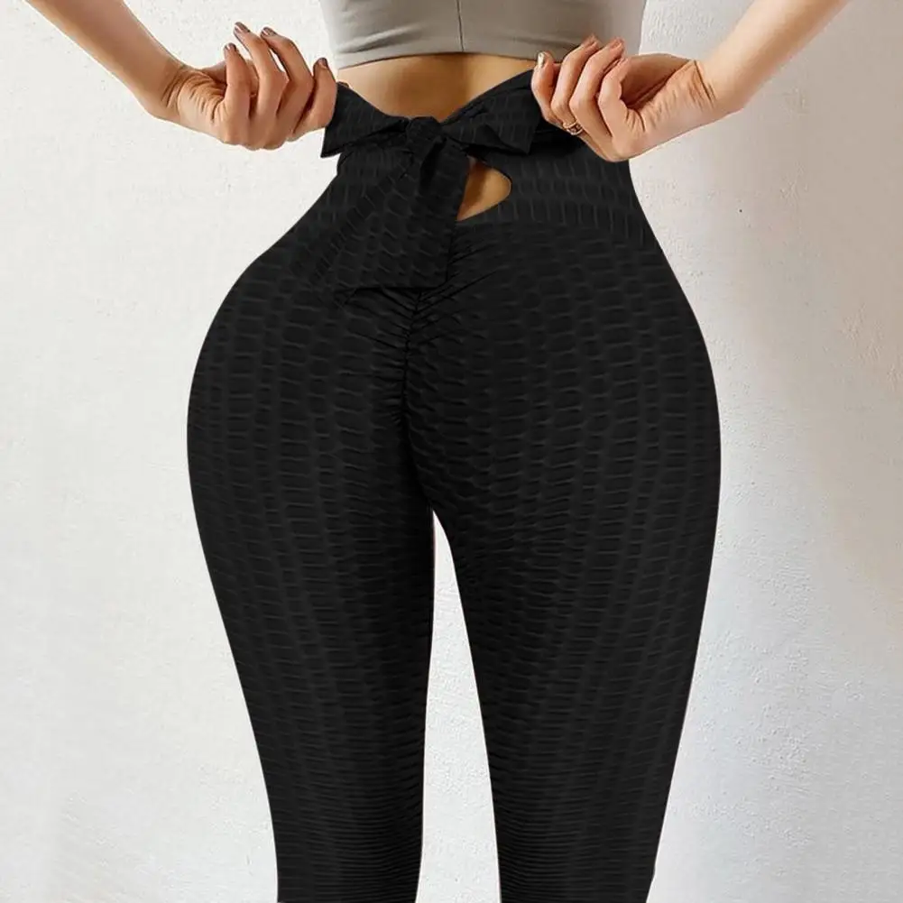 High-Elastic Women Yoga Pants Solid Color High Waist Sport Pants with Bow Decoration Jacquard Stretchy Fitness Leggings