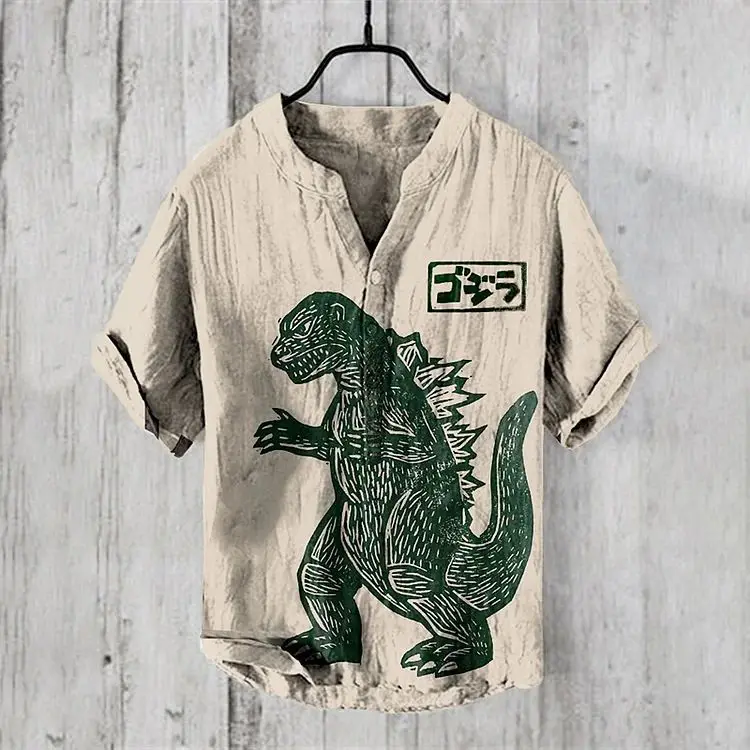 

2024 new linen short sleeved shirt movie monster print men's Hawaiian summer top European and American popular style