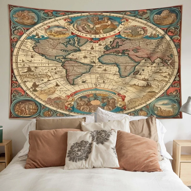 VIKAMA Old Nautical World Map Tapestry Polyester Compass Print Wall Art Retro Tapestries for Living Room Home Decoration
