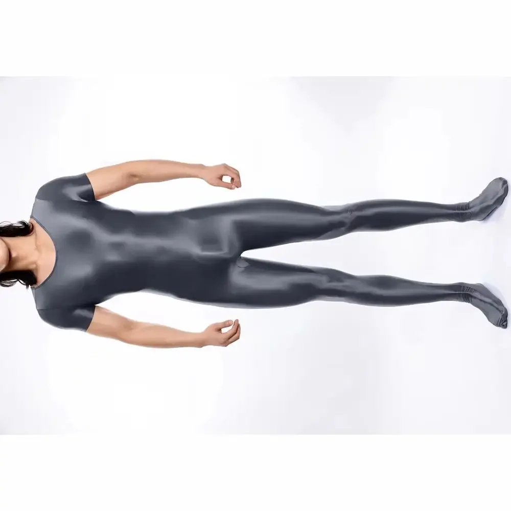 

High Elastic Large Size Jumpsuit Men Short Sleeve Catsuit Glossy Shiny Seamless Bust Pantyhose Bodysuit Tights Leotard Sukumizu