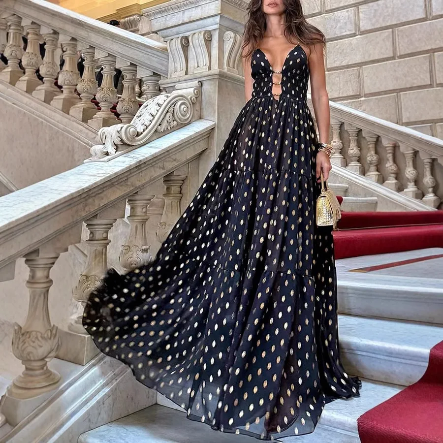 

Dots Print Chiffon Spaghetti Strap Dresses Women Sexy Deep V-neck A-line Long Dress Fashion Casual Vacation Style Maxi Vestidos