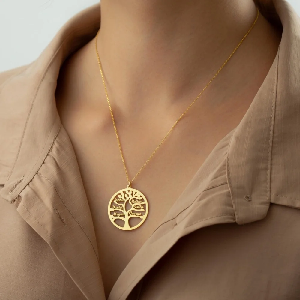 Tangula Custom Tree Of Life 1-6 Names Necklace Personalized Stainless Steel Nameplate Pendant Mom Family Jewelry Christmas Gift