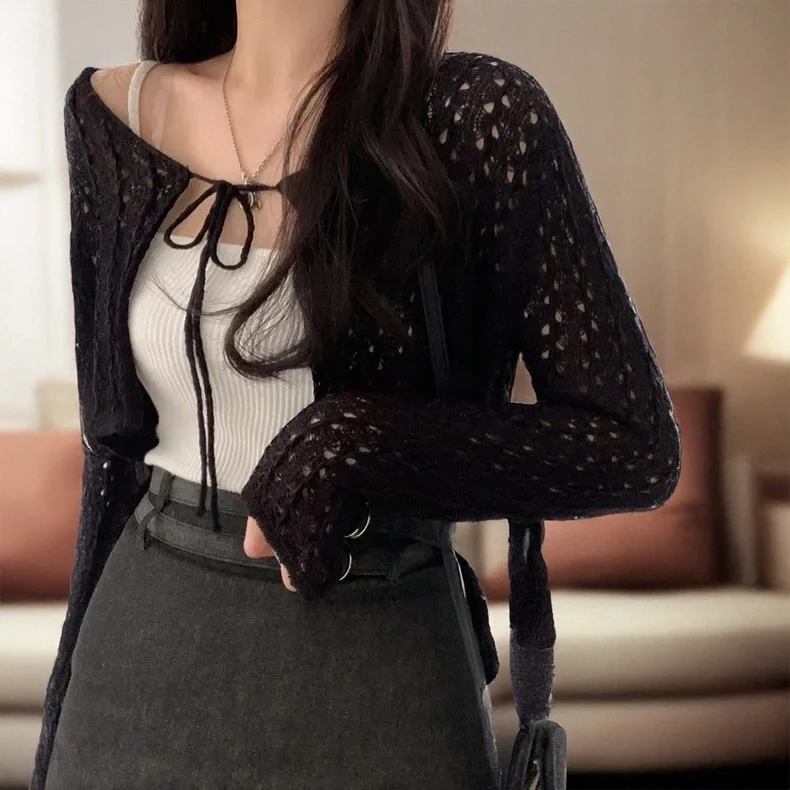 Pointelle Tie Front Crop Cardigan Donna Top in maglia a punto aperto Crochet Bolero Cover-up Primavera Estate 2026 Y2K Grunge