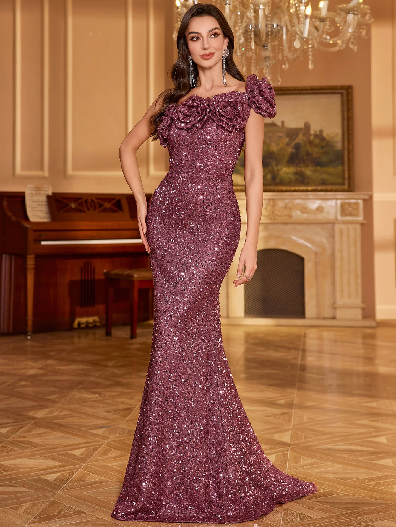 فستان UNITHORSE للسيدات بتصميم غير متماثل ورقبة على شكل زهور مزخرف بترتر لامع ومناسب للحفلات المسائية #1