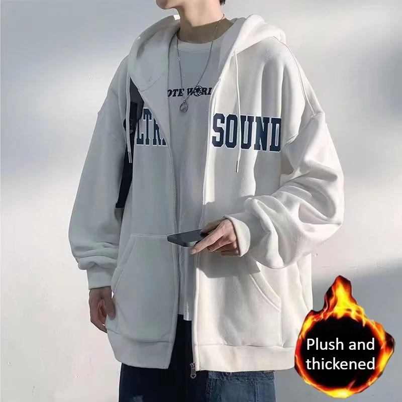 

Новая мужская куртка с капюшоном на плюшевой подкладке, толстовка на молнии, теплый повседневный пуловер, уличная модная зимняя куртка, верхняя одежда для мальчиков