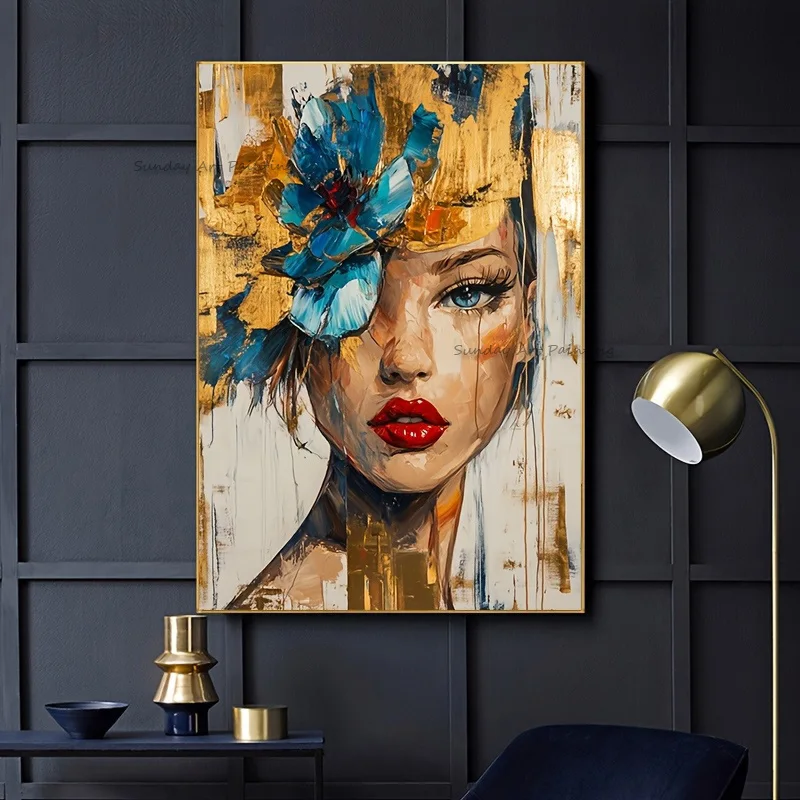 New Original Artwork Beige Golden Yellow Women Wear Blue Flower Hat Wall Art Handpainted Special Gold Foil Girl Oil Painting
