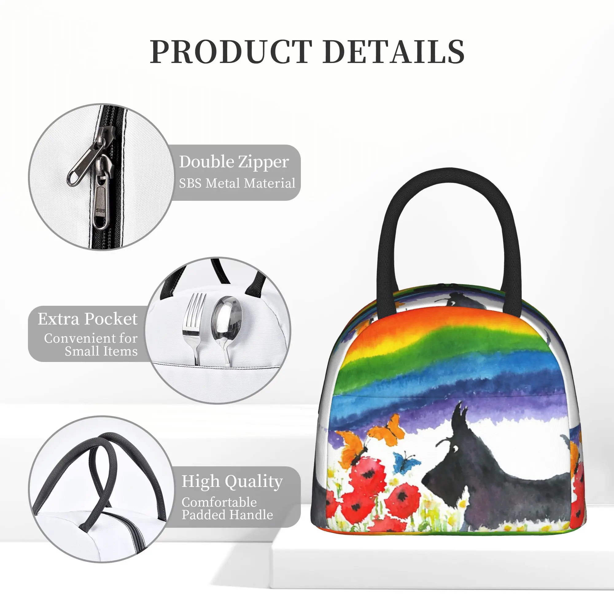 Scottie Dog Rainbow Insulated Lunch Bag Thermal Bag Meal Container Scottish Terrier Large Tote Lunch Box Food Storage Bag Picnic