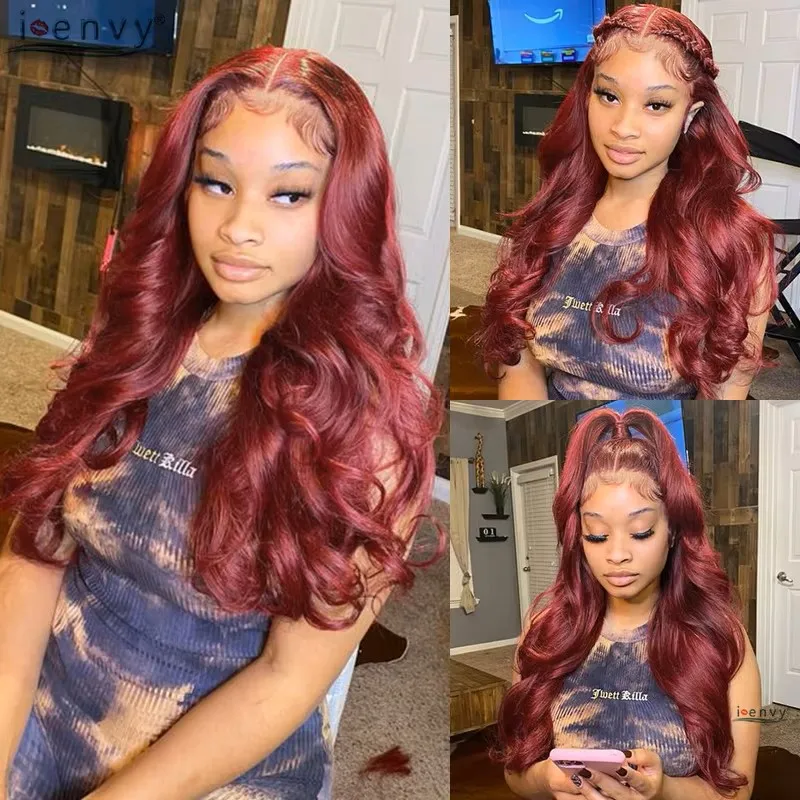 Peruca de Cabelo Humano com Renda Frontal HD 13x4, 44-46 Polegadas, Cor 99J, Ondas Corporais, Burgundy, Perucas Vermelhas para Mulheres