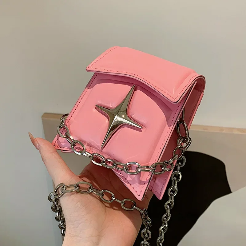 Y2K Vintage Korean Small Chain Shoulder Bag Flap Clutch Purse Handbags Pink PU Leather Gothic Cross Girls Crossbody Ladies Bags