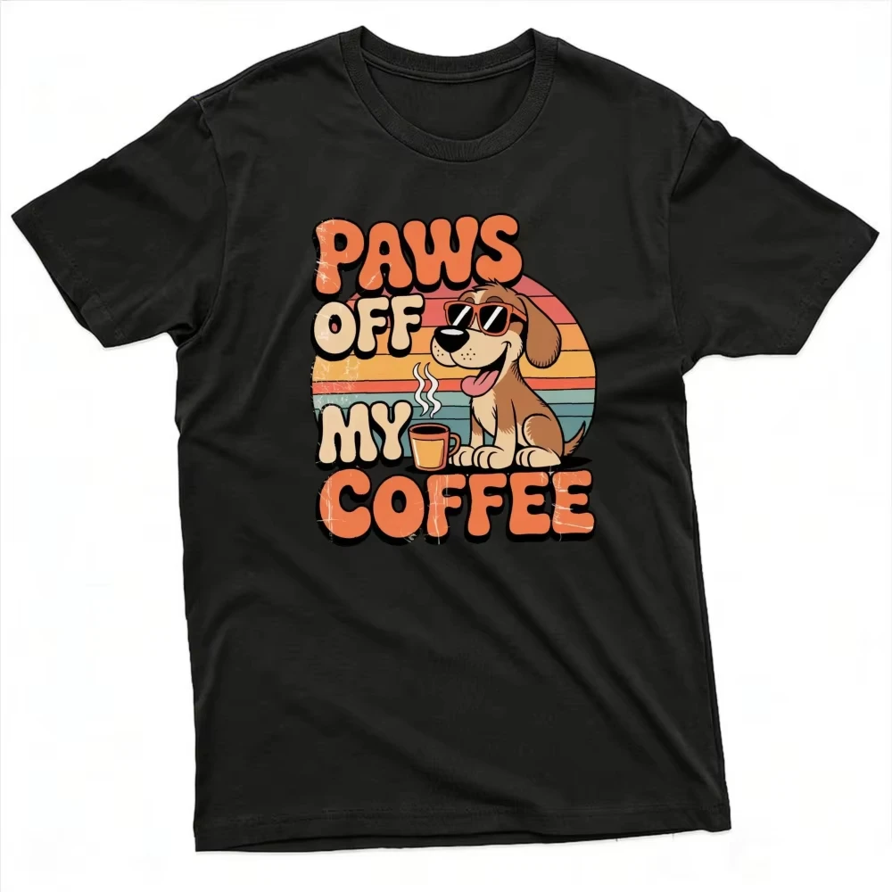 Retro Paws Off My Coffee Graphic T Shirt Cute Dog With Sunglasses Sunset Print Casual Dog Lover Coffee Addict Pet Owner tops