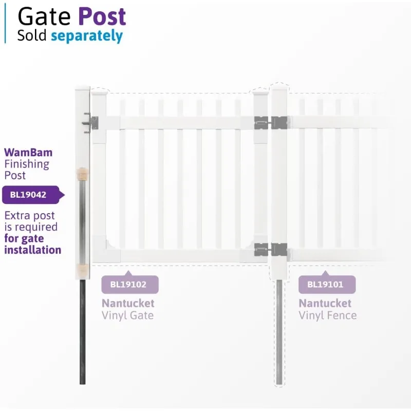 4ft H x 4ft W (1 Gate) No Dig WamBam Nantucket Gate Kit، White Vinyl Picket Yard Fence Gate مع الأجهزة المتضمنة لـ Nantucket