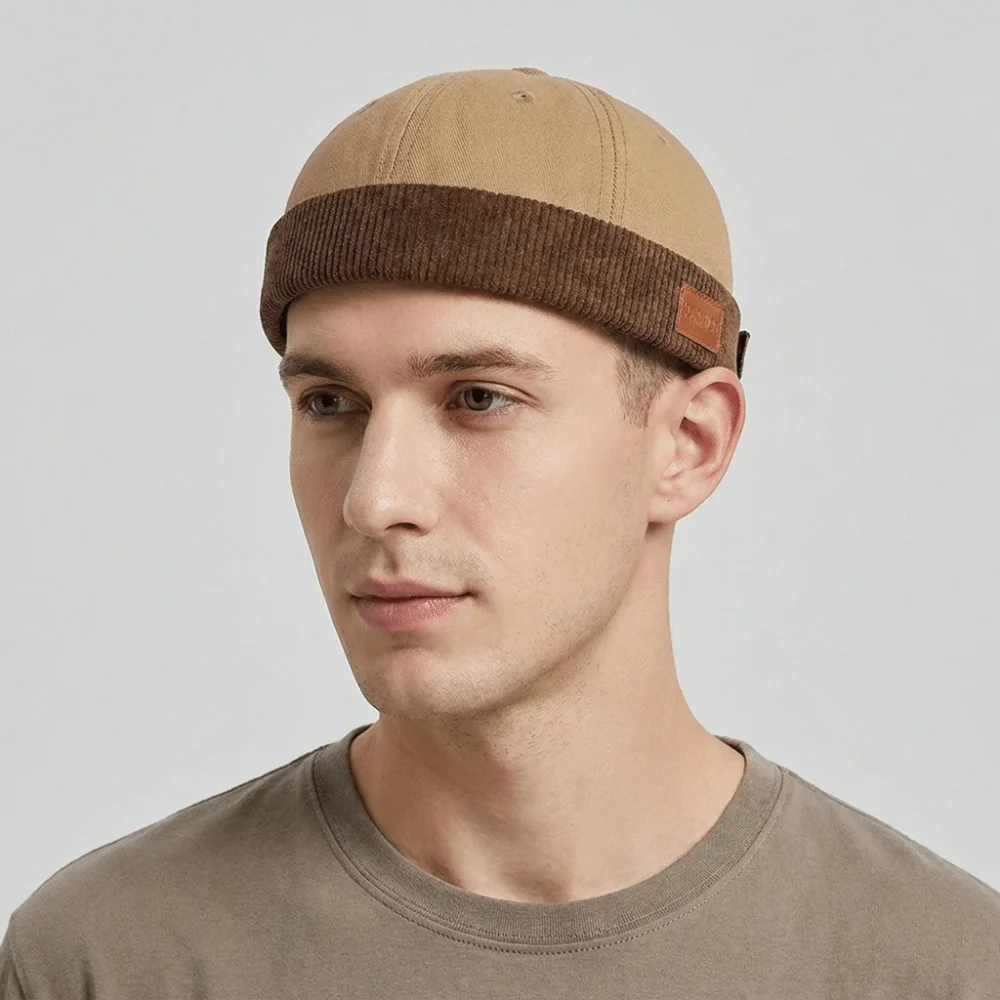 Casual Corduroy Splicing Dome Melon Cap Solid Color Adjustable Bucket Cap Brimless Hip Hop Docker Hat Women
